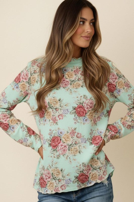 Mock Neck Floral Long Sleeve Top | Mint Sage