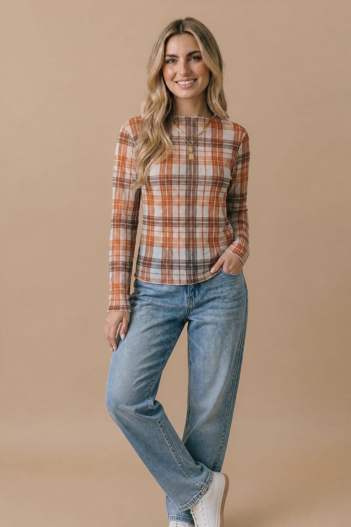 Plaid Mesh Sheer Top | Oatmeal/Rust
