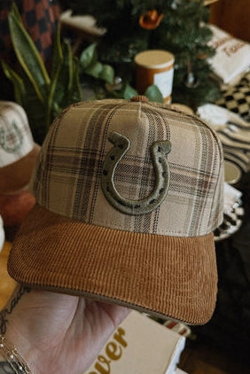 Horseshoe Plaid Corduroy Trucker Cap | Camel