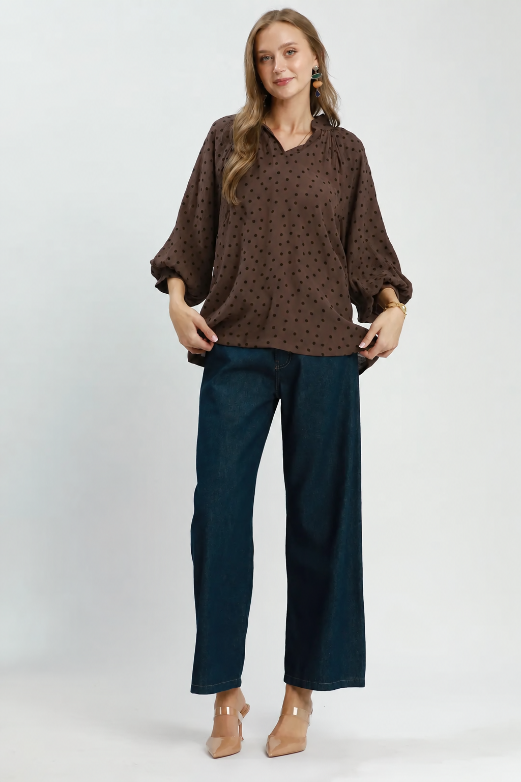 Textured Polka Dot 3/4 Puff Sleeve Top | Chocolate