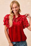 Velvet Pearl Ruffled Front Tie Top | Red