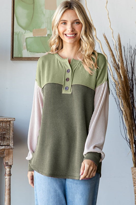Color Block Rib Button Top | Olive