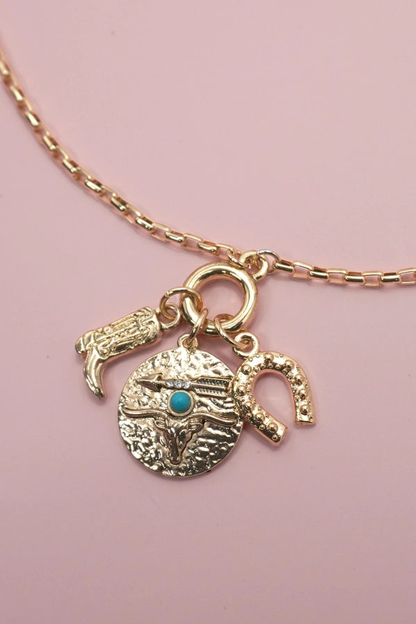 Gold Long Cluster Charm Necklace | Western