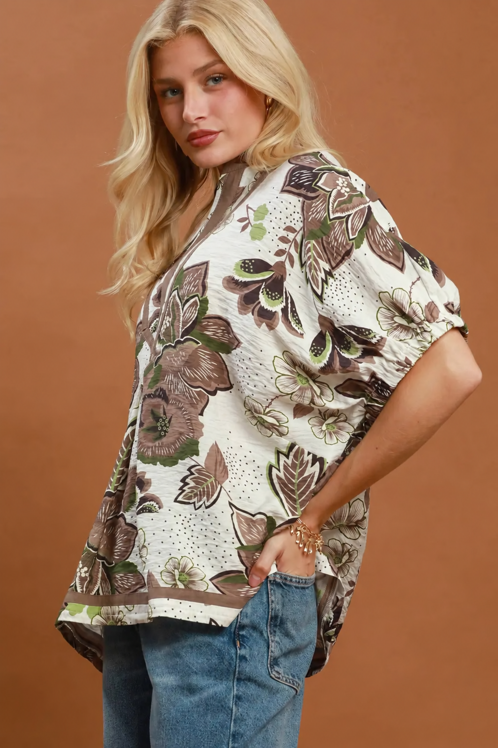 Floral V-Neck Relaxed Fit Top | Cream/Mocha