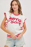 Game Day Ruffle Sleeve Knit Top | White/Red