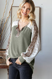 Lace Detail Leopard Ribbed Top | Olive