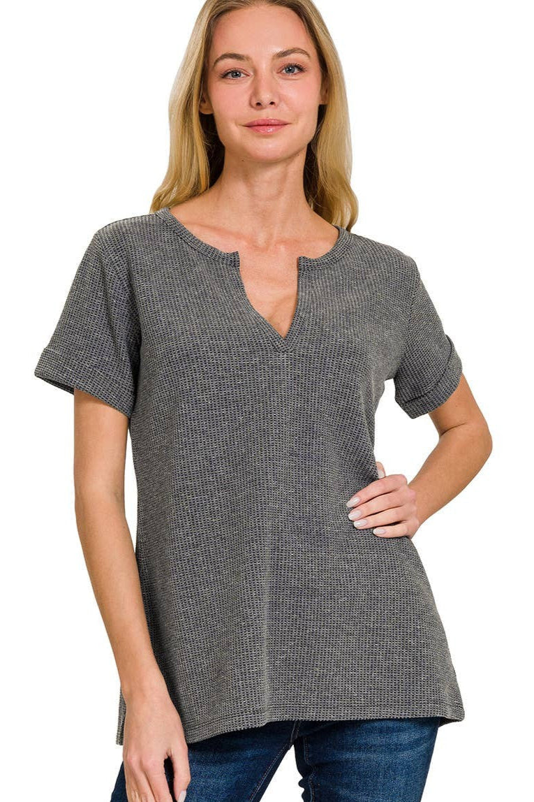 Waffle Knit Henley Top | Grey