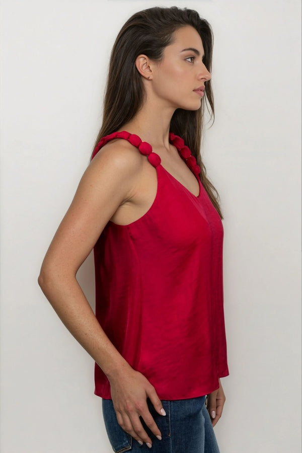 Silky Bubble Puff Strap Detail Tank Top | Crimson