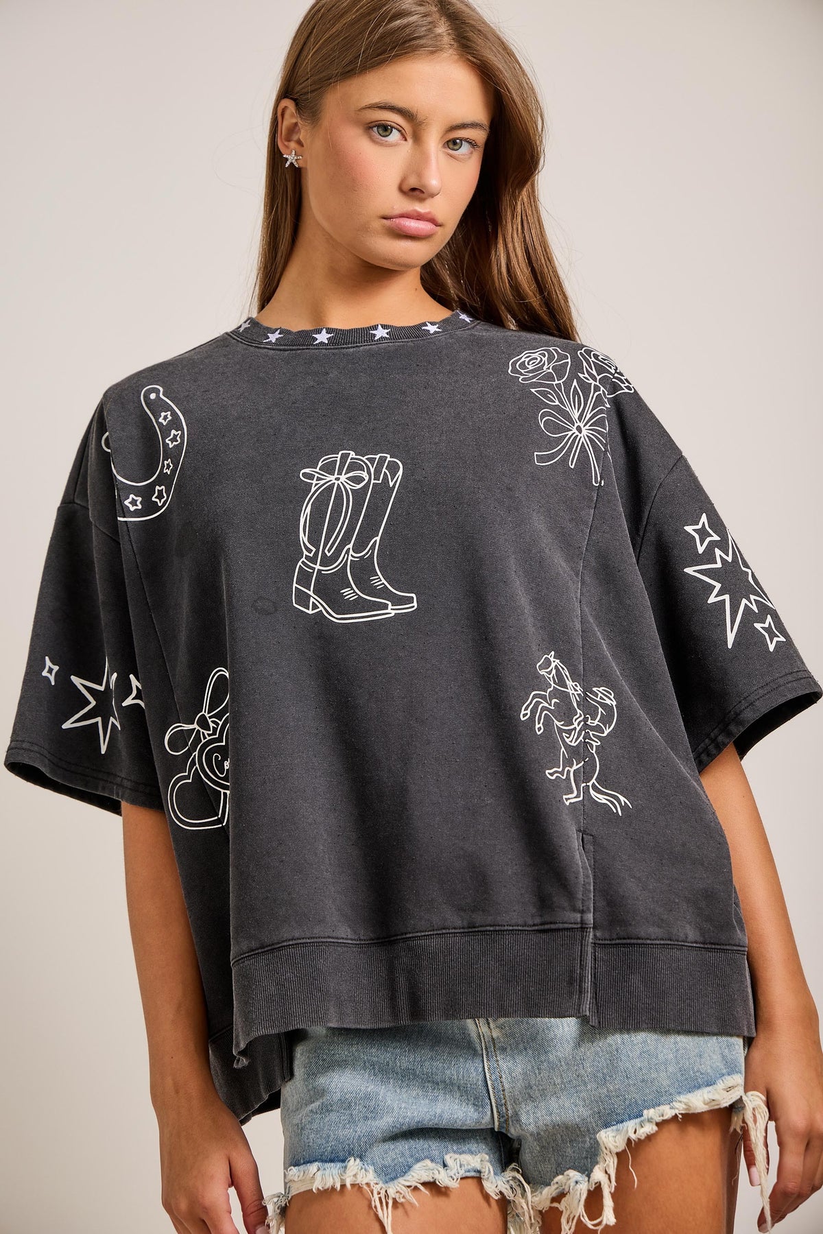 Mineral Washed Western Theme Oversized Top | Vintage Black