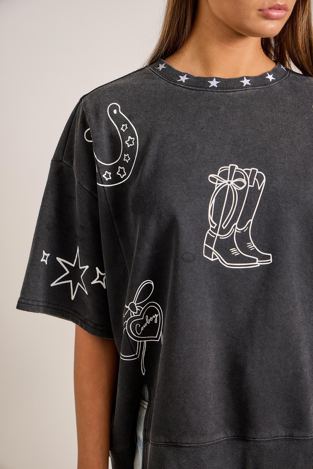 Mineral Washed Western Theme Oversized Top | Vintage Black