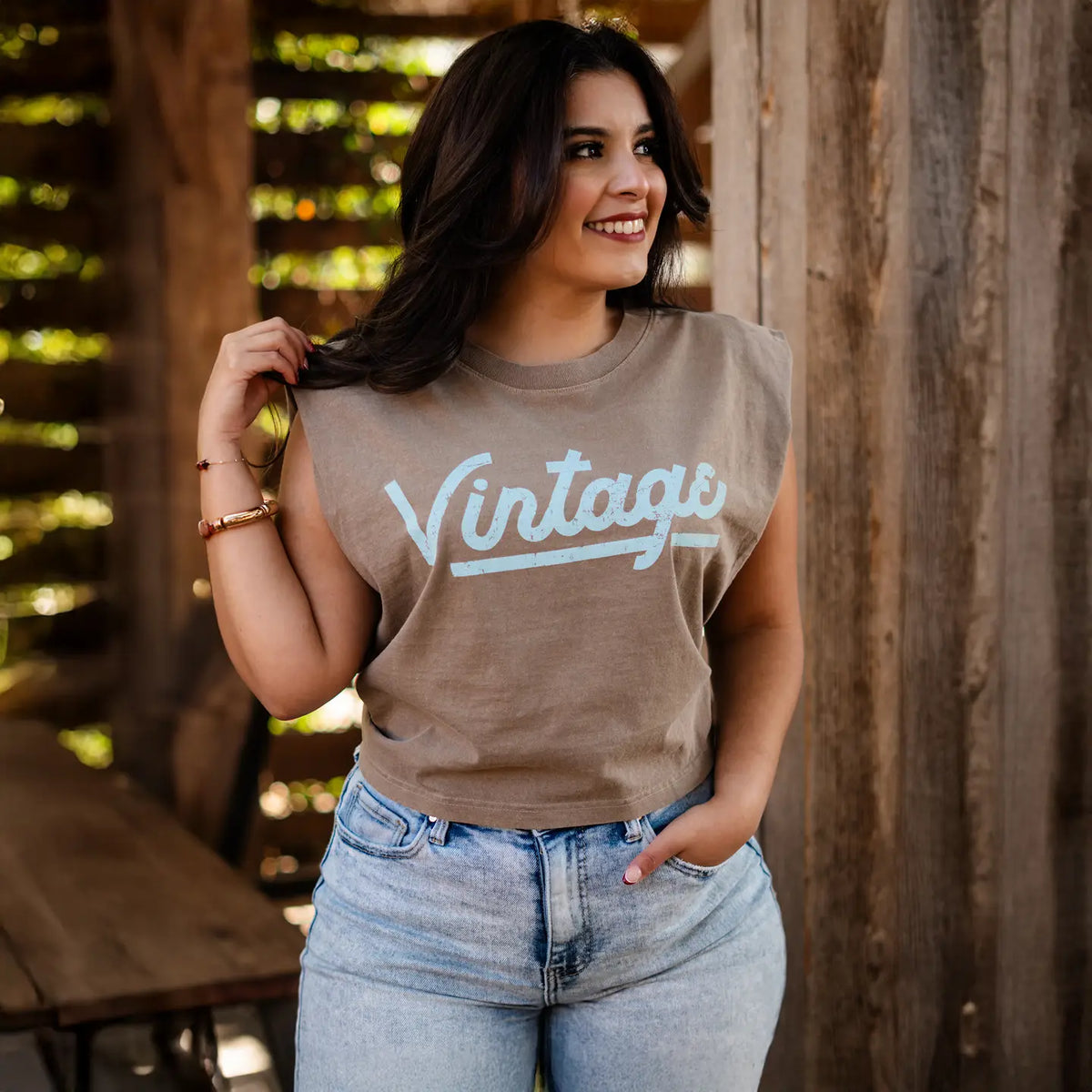 Vintage Script Muscle Tank | Vintage Espresso