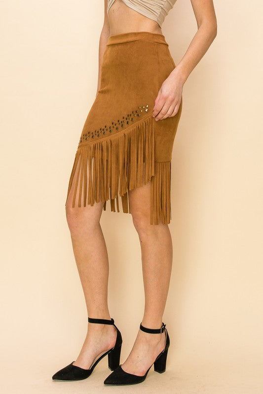 Stud Embellished Suede Fringe Hem Skirt | Camel
