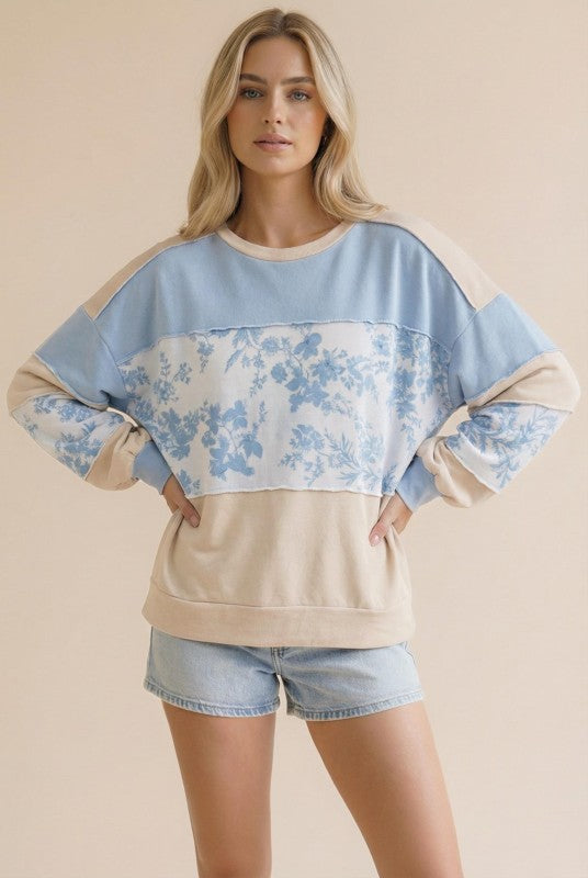 French Terry Floral Color Block Top | Cream/Blue