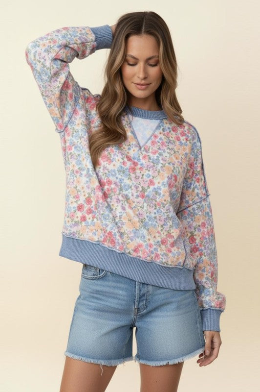 French Terry Floral Top | Blue