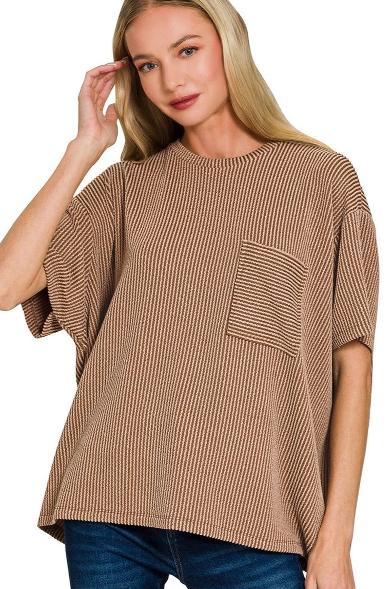 Raised Rib Pocket Top | Brown