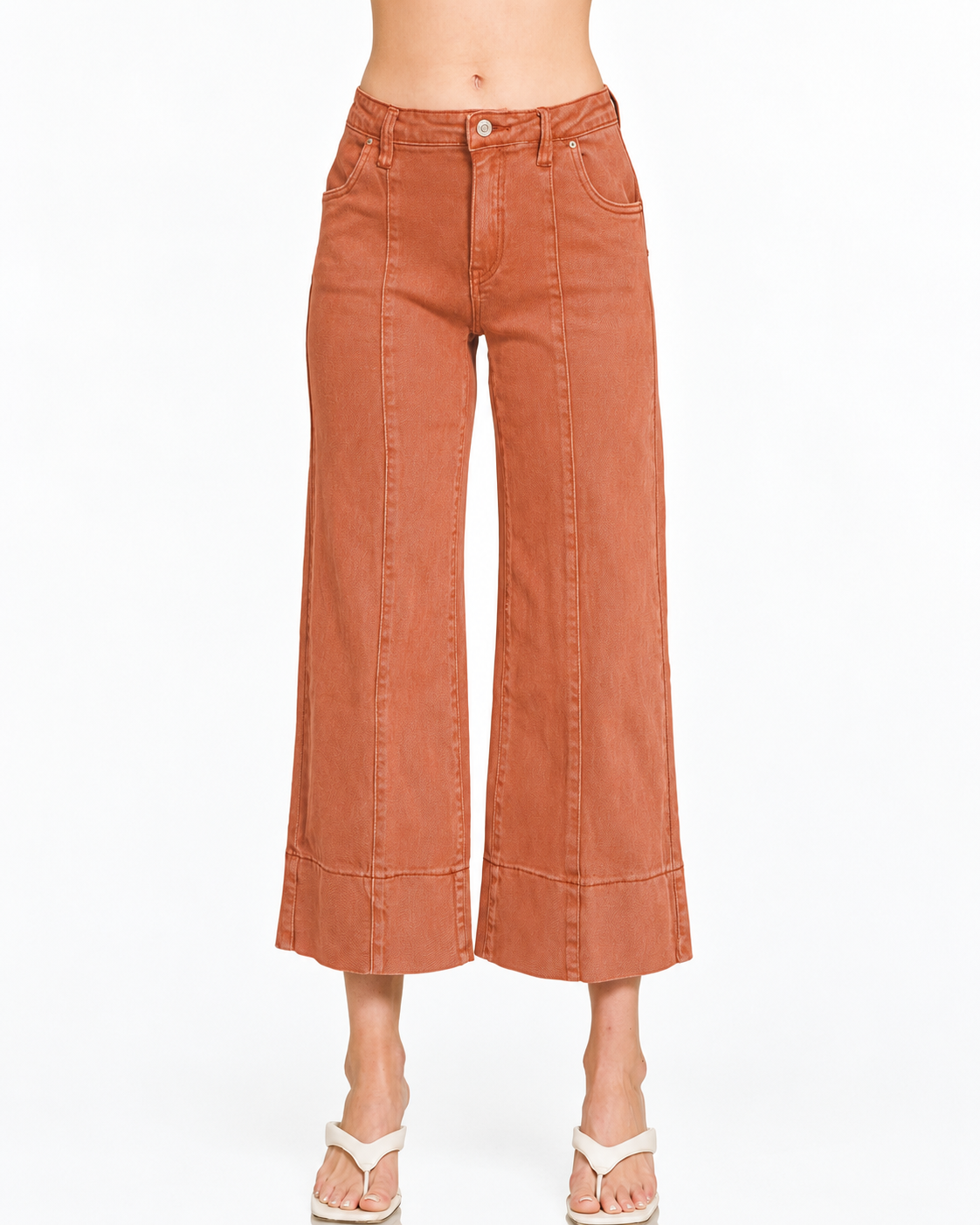 Mid Rise Cropped Wide Leg Denim Pants | Rust