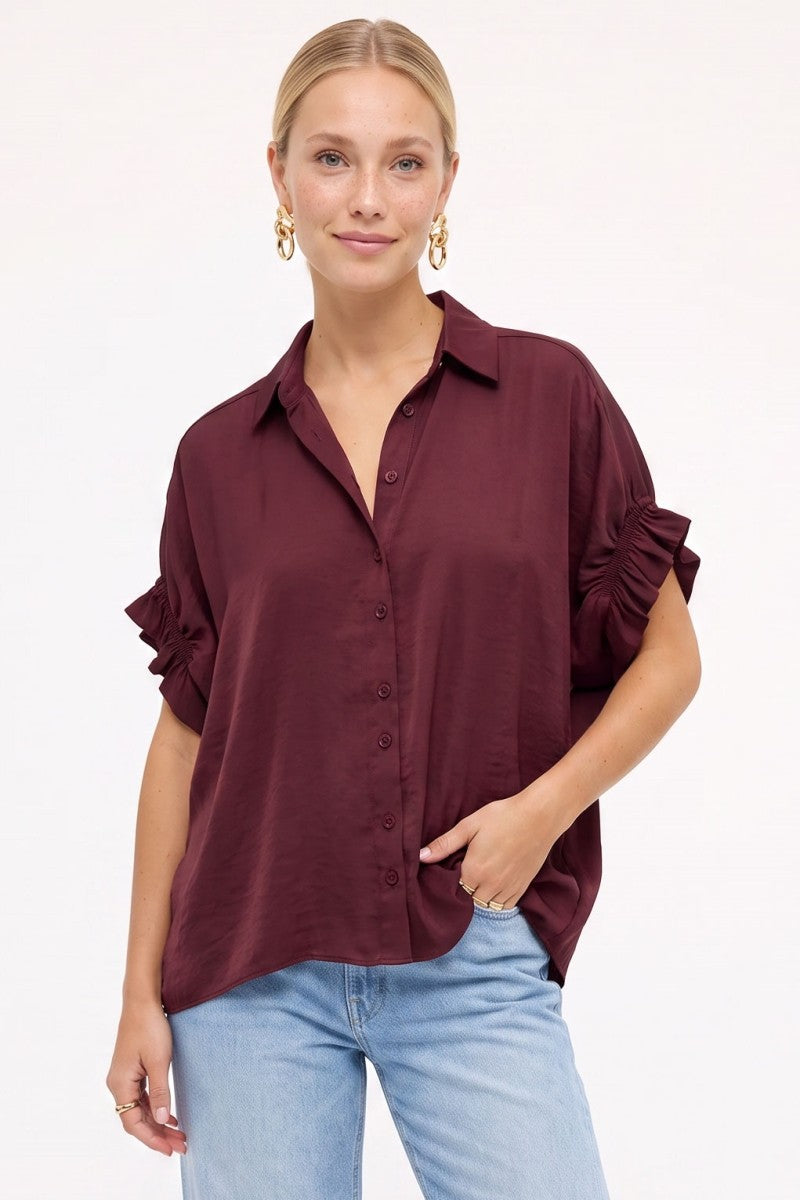 Satin Ruffle Sleeve Button Up Top | Wine