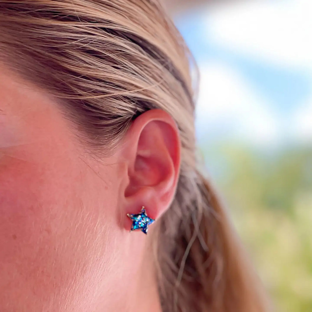 Glittery Star Stud Earrings | Blue