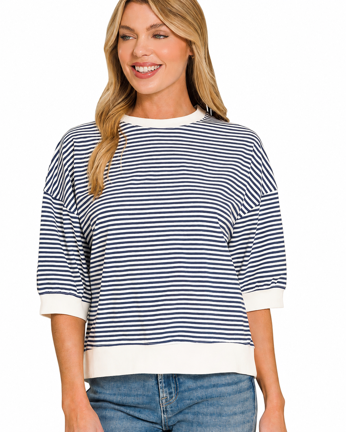 Striped Rib Banded Top | Navy