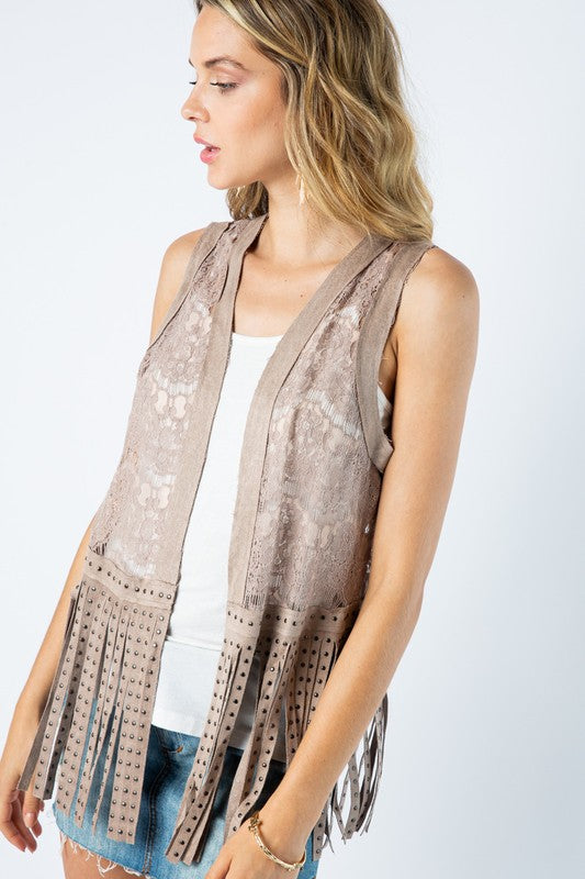 Lace Knit Studded Fringe Vest | Stone