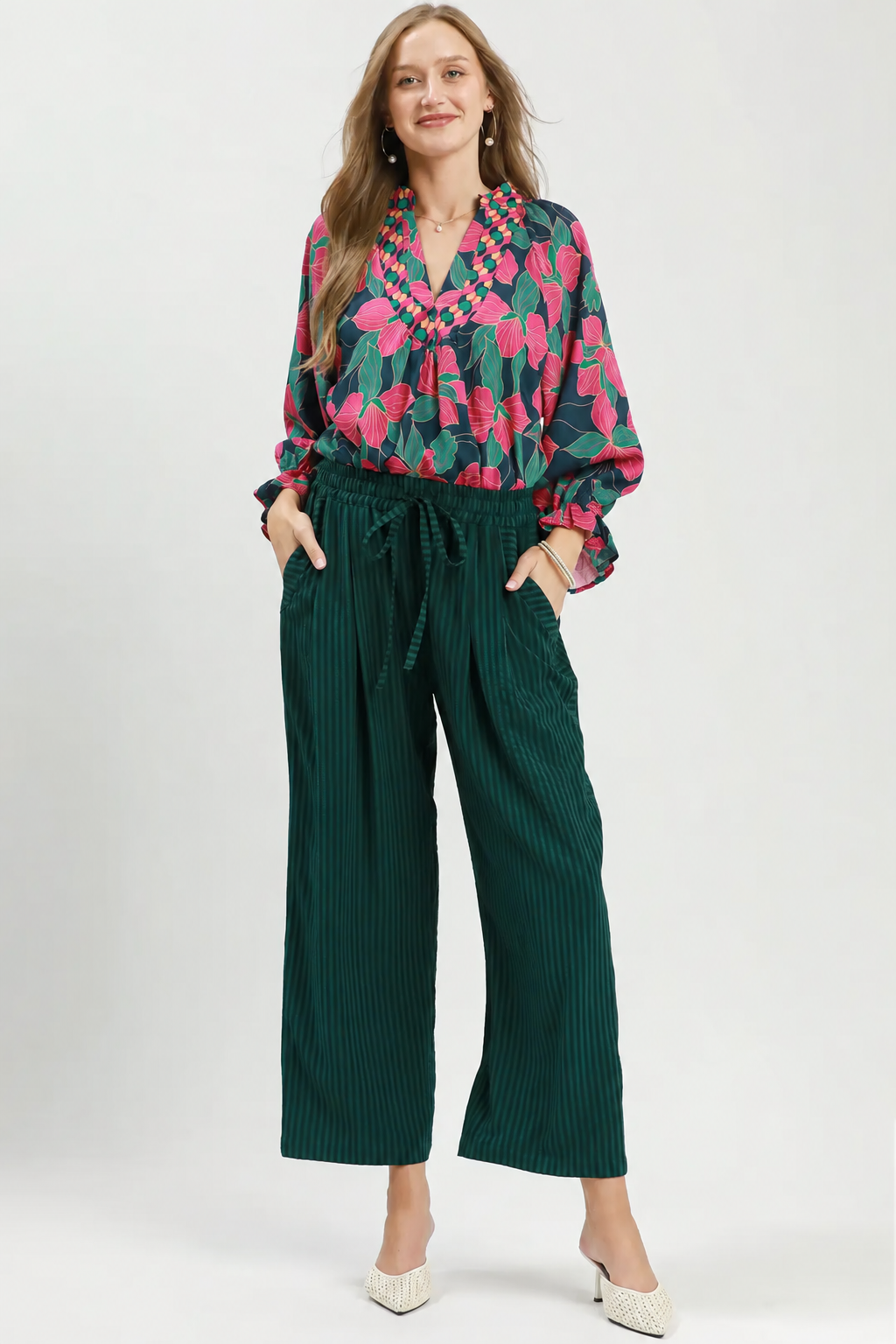 Stripe Wide Leg Pants | Teal