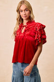 Velvet Pearl Ruffled Front Tie Top | Red