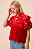 Velvet Pearl Ruffled Front Tie Top | Red