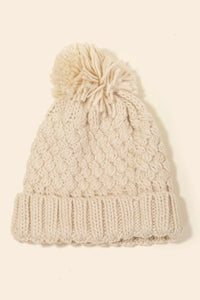 Crochet Knit Pom Pom Beanie | Cream