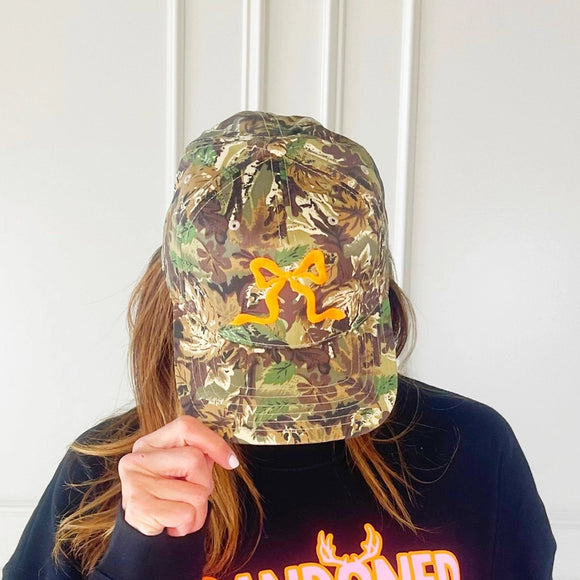 Embroidered Bow Trucker Cap | Camo+Neon Orange