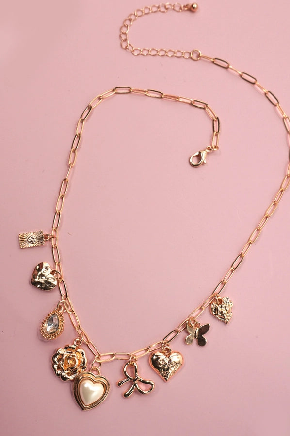 Gold Charm Necklace | Heart Rhinestone Bow Flower