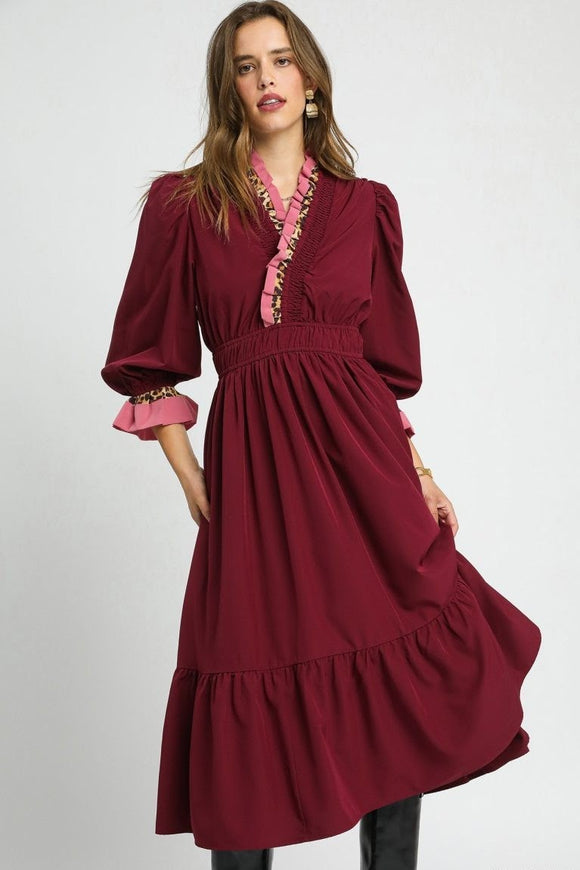 Leopard Ruffle Trim Midi Dress | Burgundy