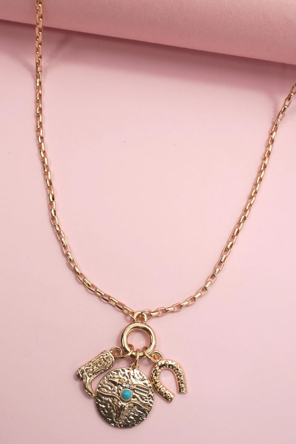 Gold Long Cluster Charm Necklace | Western