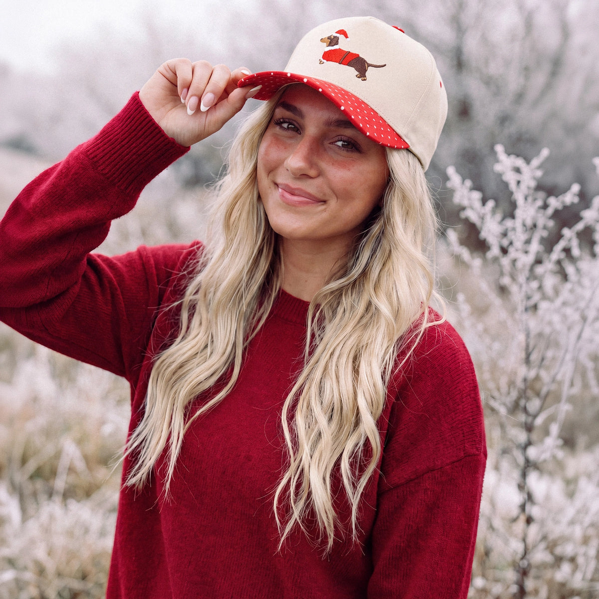 Christmas Dachshund Canvas Cap | Polka Dot Red