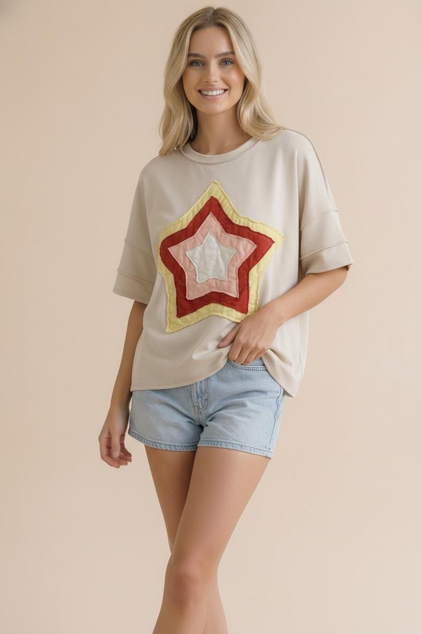 Star Multi Color Patchwork Top | Cream