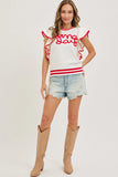 Game Day Ruffle Sleeve Knit Top | White/Red
