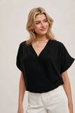 Folded Sleeve Wrap Blouse Top | Black