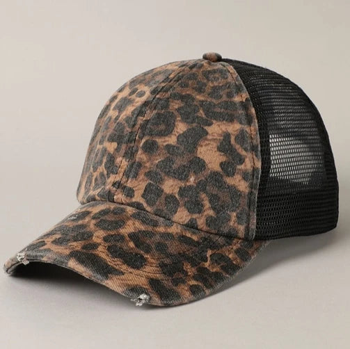 Leopard Distressed Mesh Baseball Cap | Black