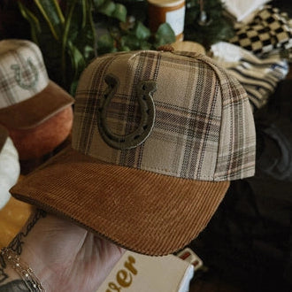 Horseshoe Plaid Corduroy Trucker Cap | Camel