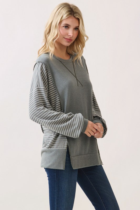Stripe Contrast Pullover Top | Vintage Olive
