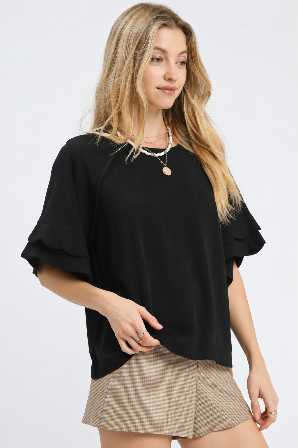 Linen Blend Double Ruffle Sleeve Top | Black