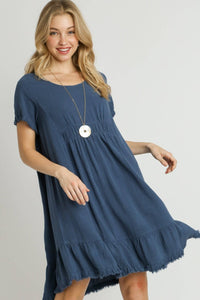 Linen Ruffle Trim Dress | Blue