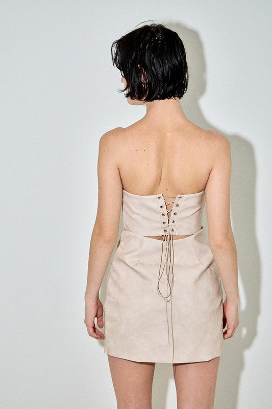 Western Strapless Lace Up Mini Dress | Beige