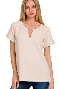 Waffle Knit Henley Top | Sand Beige
