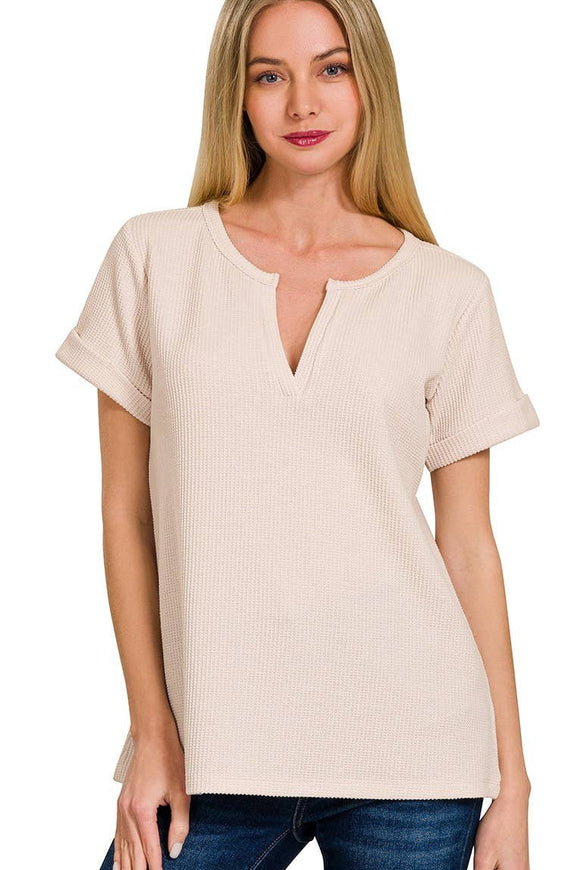 Waffle Knit Henley Top | Sand Beige