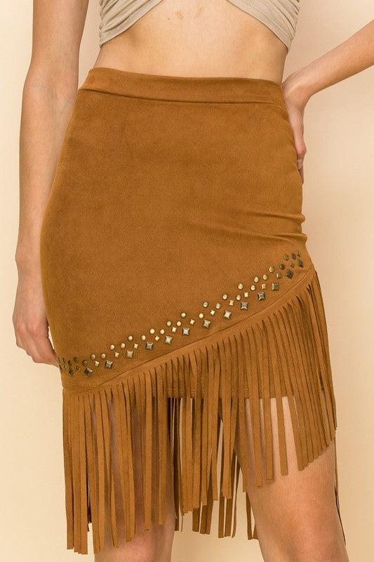 Stud Embellished Suede Fringe Hem Skirt | Camel