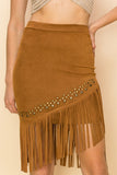 Stud Embellished Suede Fringe Hem Skirt | Camel