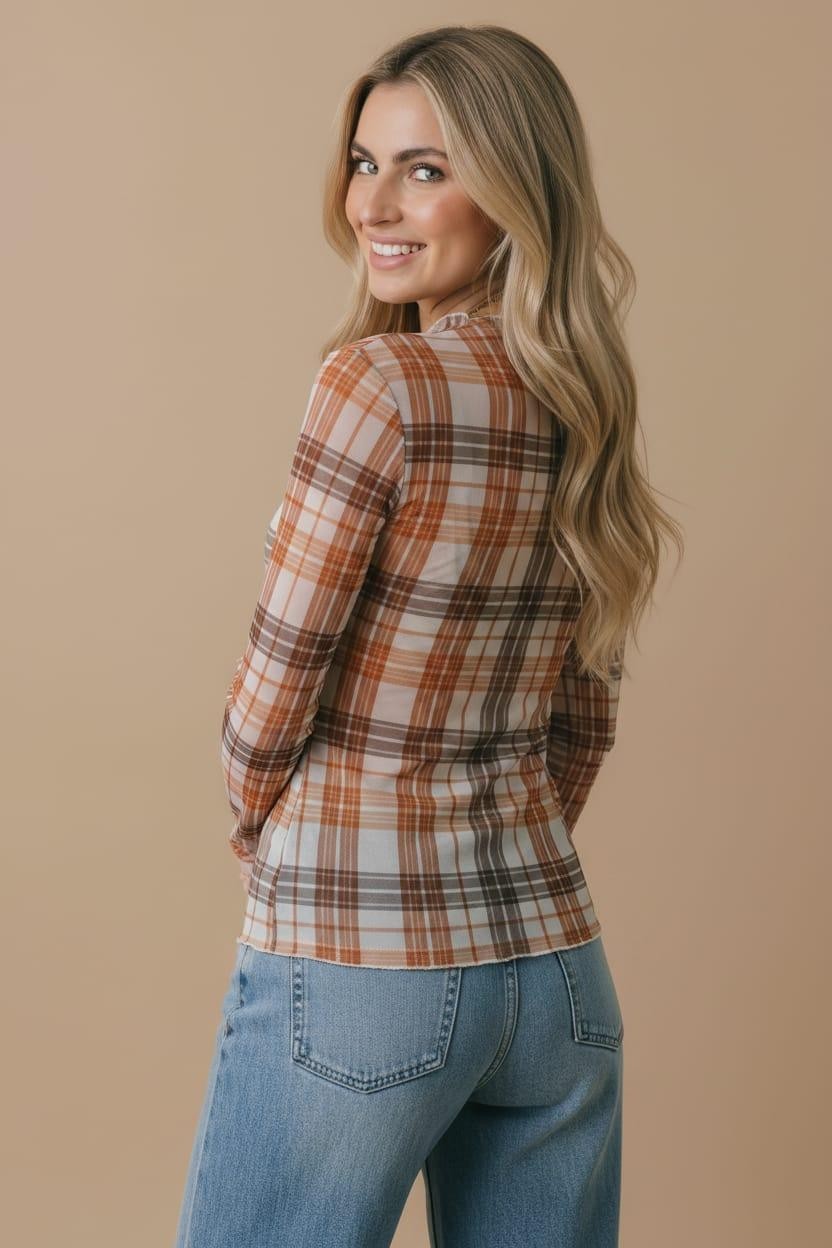 Plaid Mesh Sheer Top | Oatmeal/Rust