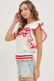 Game Day Ruffle Sleeve Knit Top | White/Red