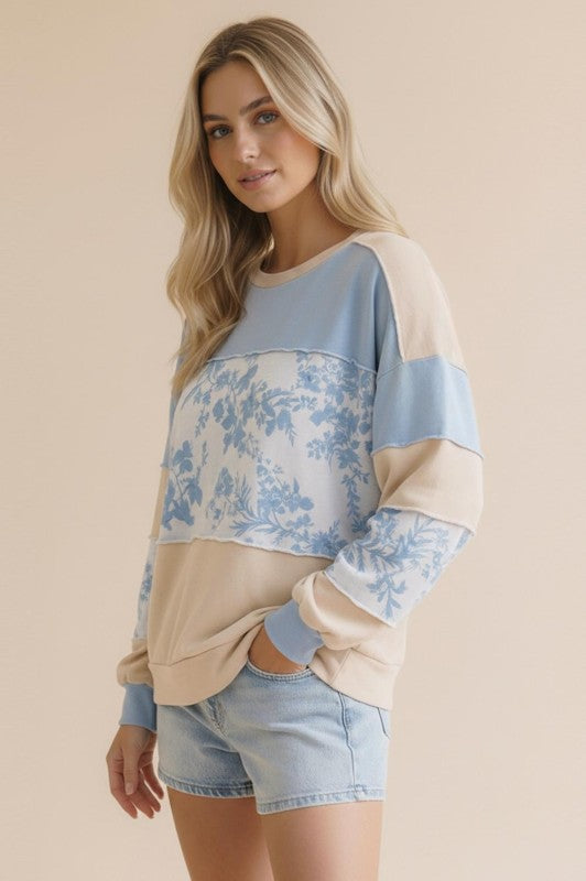 French Terry Floral Color Block Top | Cream/Blue