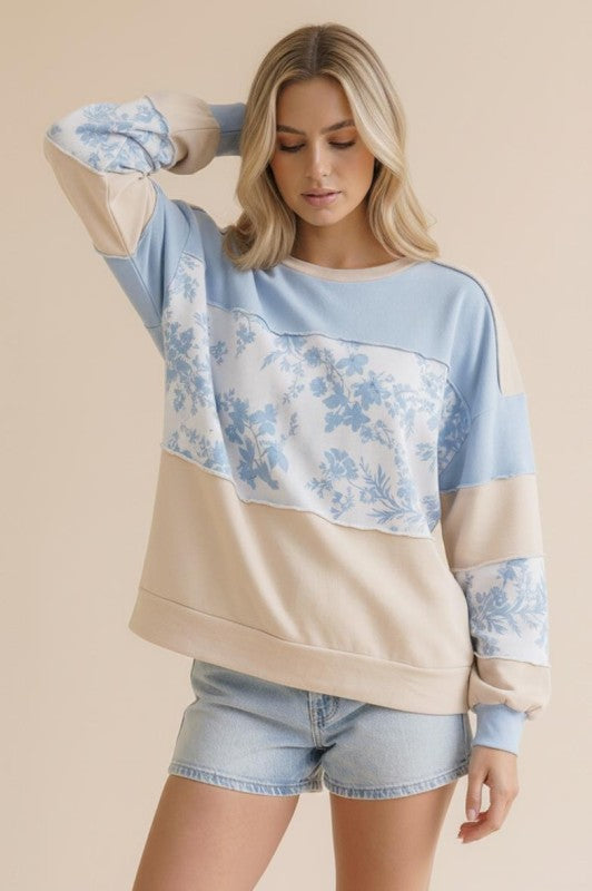 French Terry Floral Color Block Top | Cream/Blue